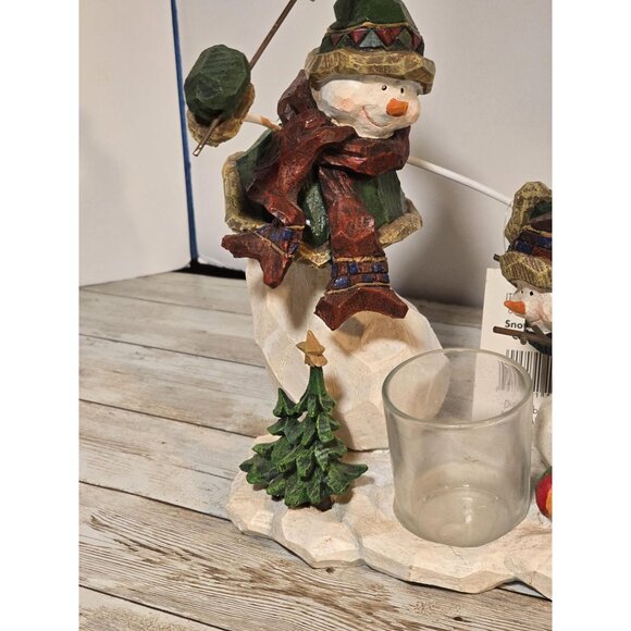 Vintage NOS Snowman Votive Candle Holder Wooden Carved Heavy Sturdy - Picture 3 of 10